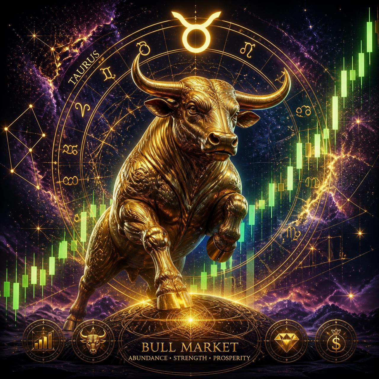 Golden bull with zodiac wheel and rising candlestick charts