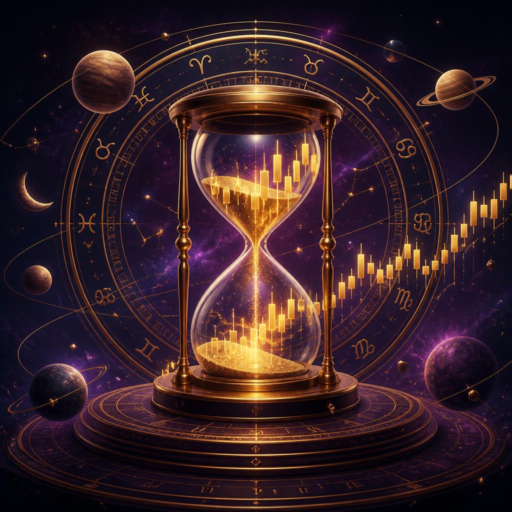 Cosmic hourglass with zodiac wheel and candlestick charts
